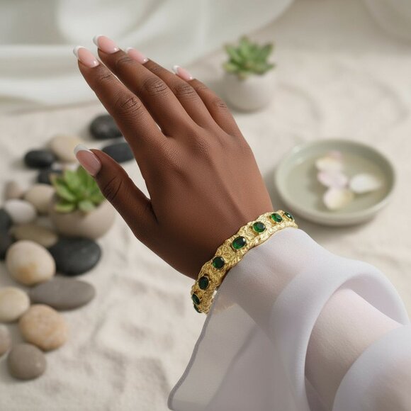 Vintage-Inspired Gold Cuff Bracelet | Green Zirconia Gems | 18K Gold Plated - Picture 7 of 12